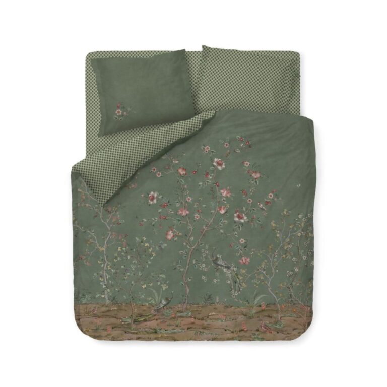 Blomstret dobbelt sengetøj 200x220 cm - Grønt vendbart sengesæt i 100% blød bomuld - Okinawa green - Pip Studio sengelinned